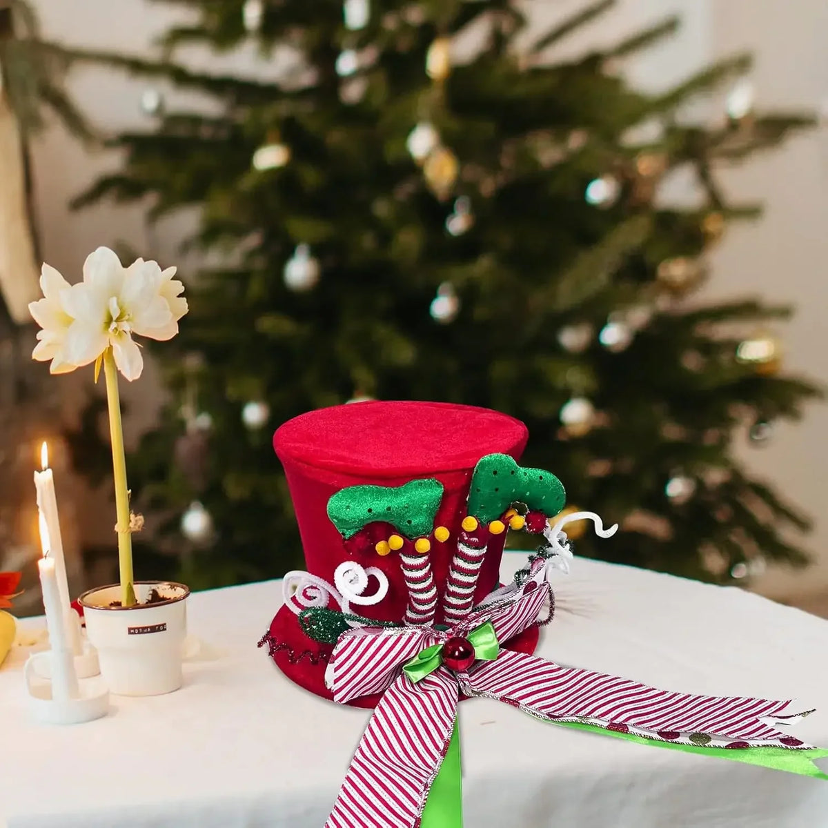 Christmas Tree Topper Velvet Hat – Elf Legs & Bowknot Decor Christmas Tree Topper Babs