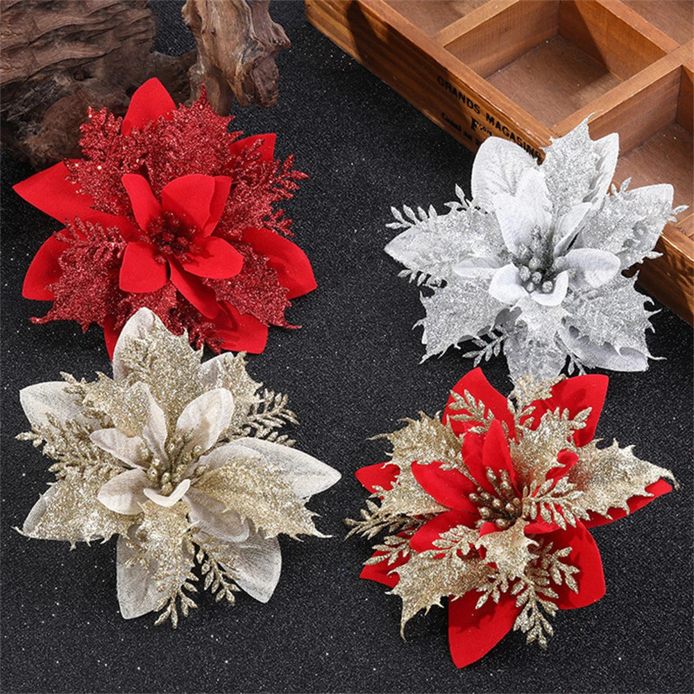 Christmas Glitter Flower Ornaments Pink Red Gold 5/10pcs Christmas Tree Ornaments Babs