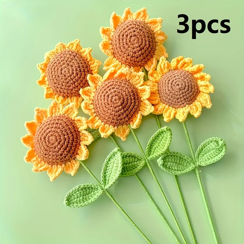 3-Piece Hand Crochet Knitted Artificial Sunflower Bouquet Artificial Flower Bouquet Babs