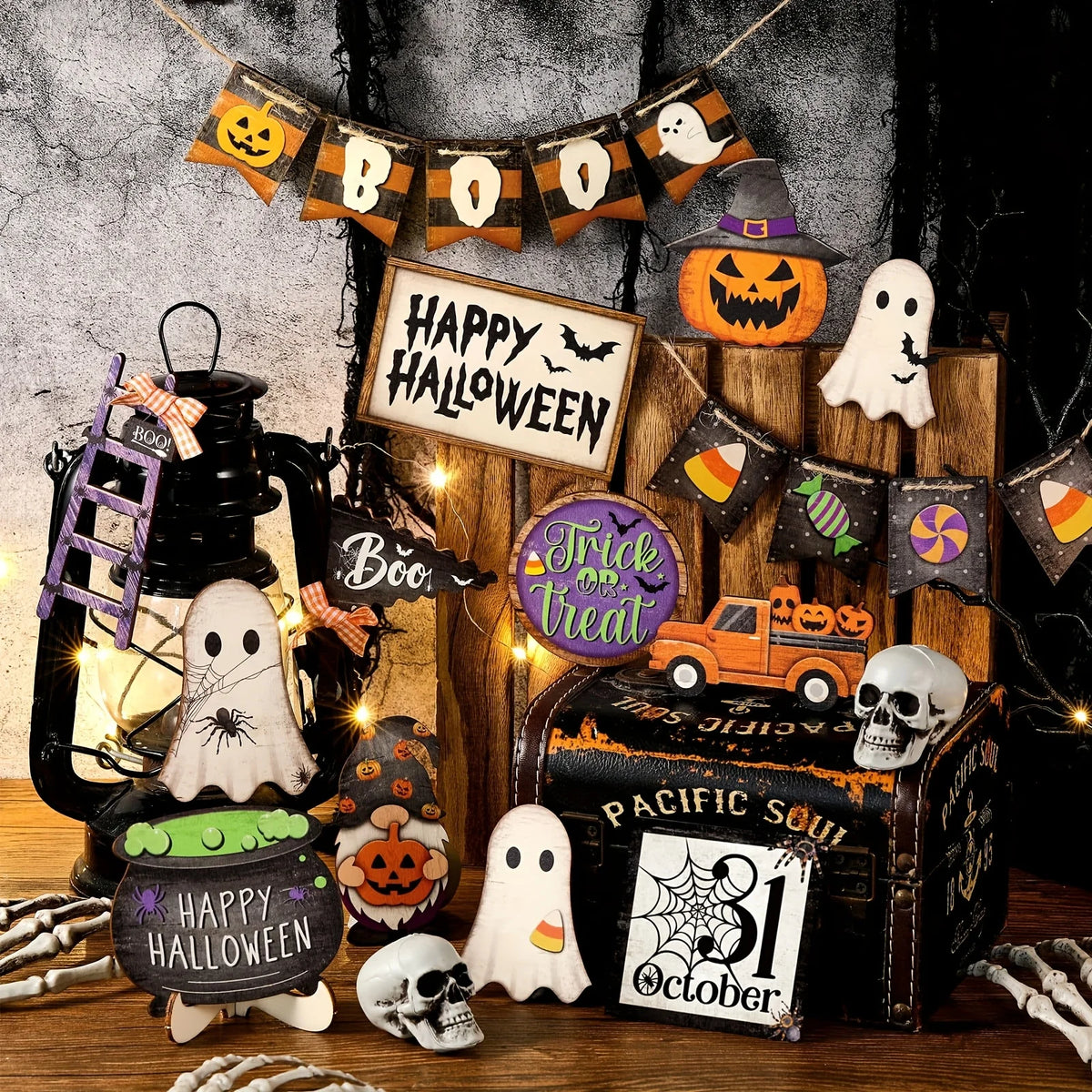 21-Piece Halloween Wooden Tiered Tray Decor Set | Tabletop Halloween Tiered Tray Decor Babs Default Title