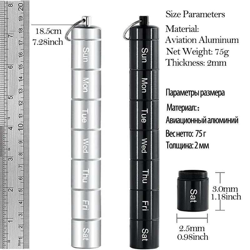 Aluminum Alloy Waterproof Pill Box with Keychain | 7-Day Pill Organizer Babs