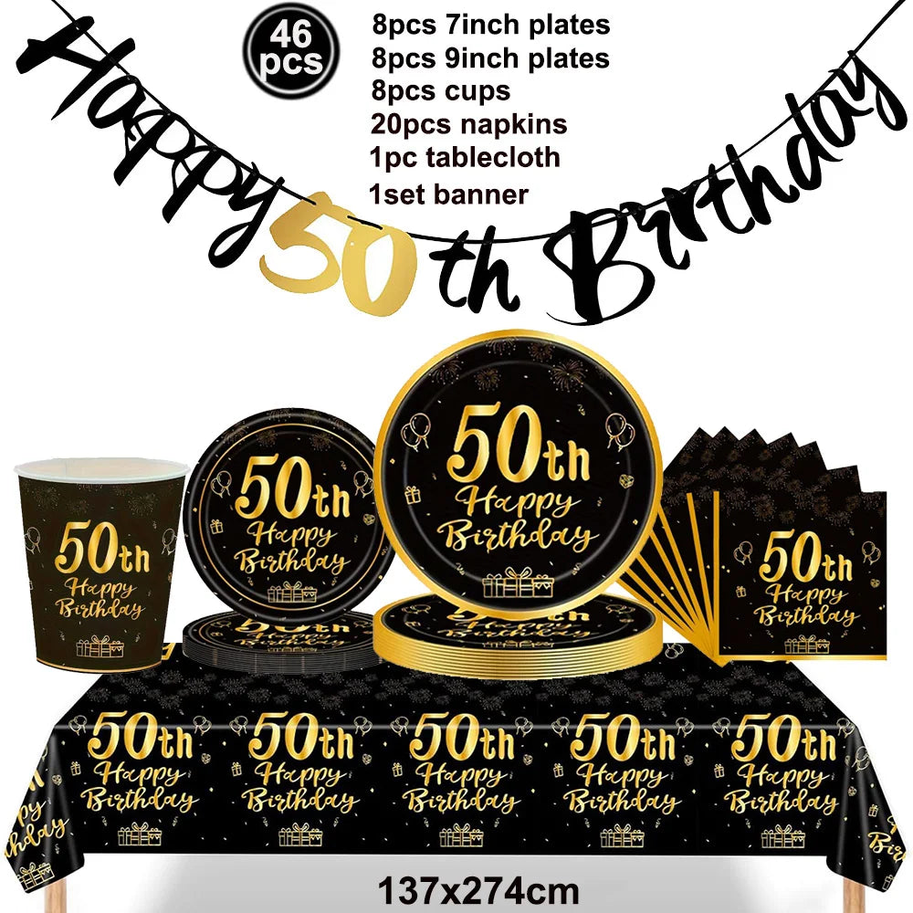 50th Birthday Party Decorations – Black & Gold Tableware Set Party Tableware Set Babs Beige