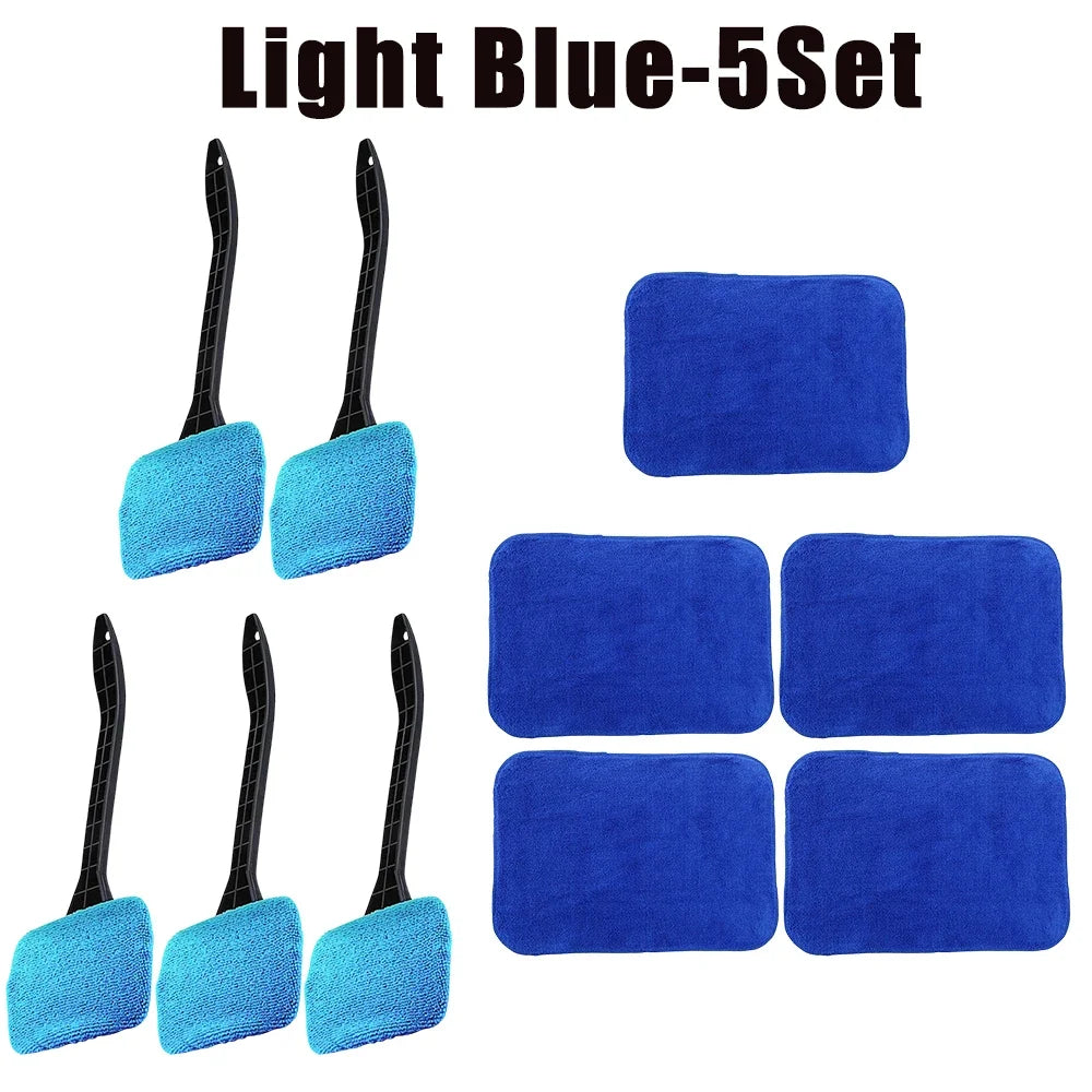 Car Window Cleaner Brush Kit – Long Handle Microfiber Wiper Car Cleaning Brush Babs Light Blue-5Set