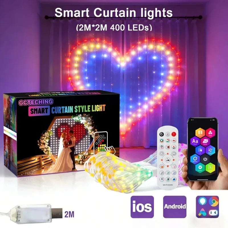 RGB Smart Curtain LED Lights – Bluetooth App, USB, DIY Colors LED Curtain String Lights Babs