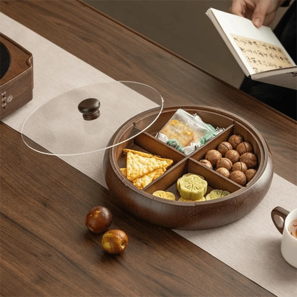 Round Wooden 4-Compartment Snack Serving Tray – Retro Nut Platter Snack Serving Tray Babs