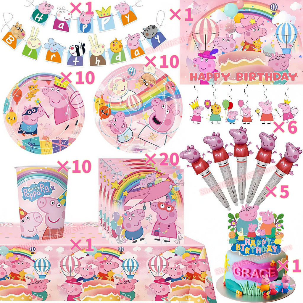 Peppa Pig Birthday Party Decoration Set – Balloons, Plates & More Kids Party Decoration Set Babs 65pcs others