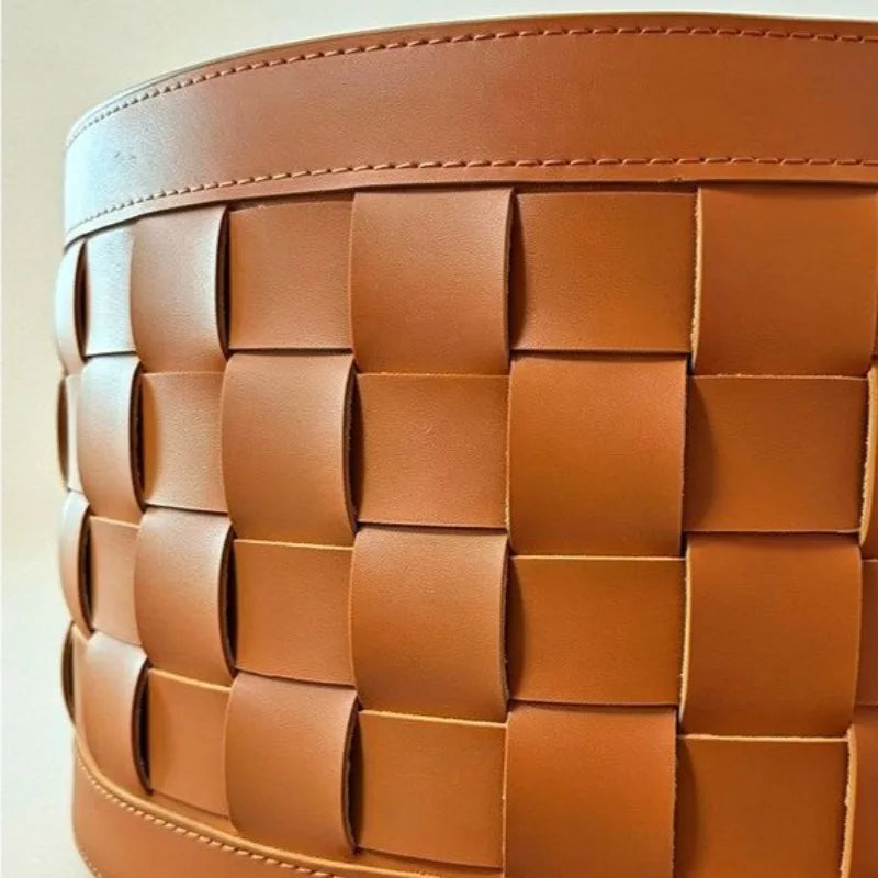 Luxury Leather Woven Storage Basket with Lid | Bedroom Organizer Storage Basket Babs