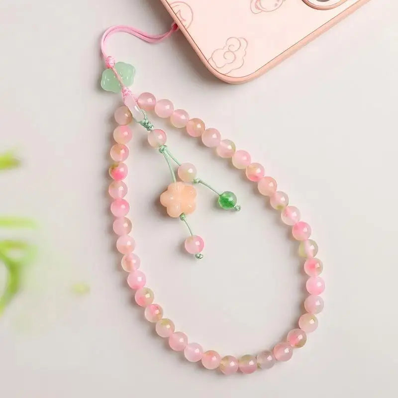 Pink Beaded Phone Wrist Strap – Flower Pendant | Anti-Drop Phone Wrist Strap Babs