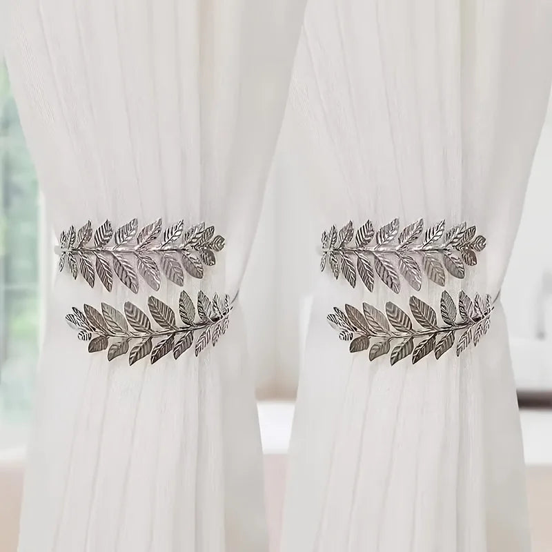 Metal Leaf Curtain Tiebacks with Adjustable Rings – Set of 2 Curtain Tiebacks Babs Silver -2pcs