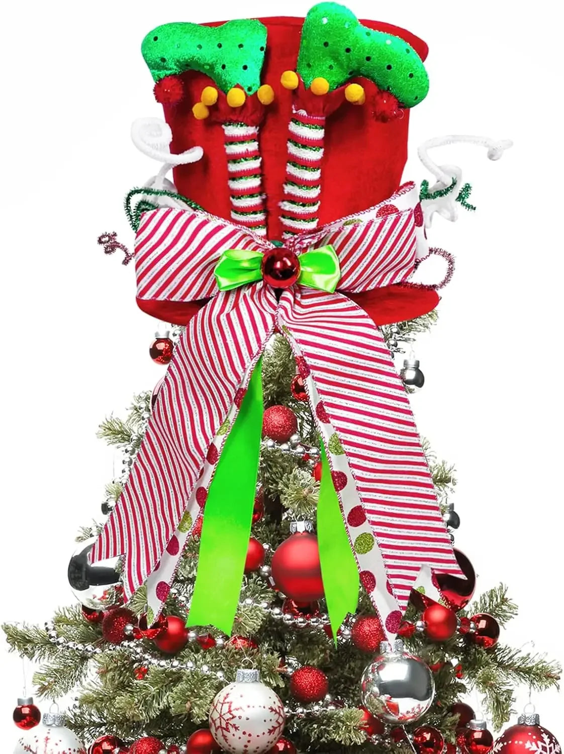 Christmas Tree Topper Velvet Hat – Elf Legs & Bowknot Decor Christmas Tree Topper Babs