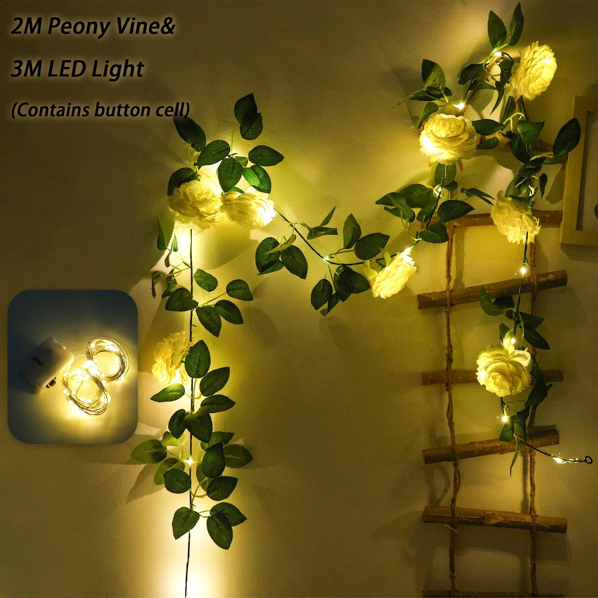 Peony Vine LED Wreath – Silk Artificial Flower Wall & Wedding Décor Artificial Flower Garland Babs White 1PC