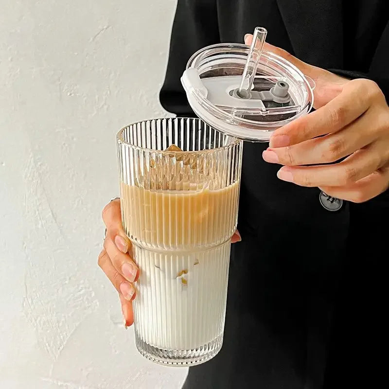 Striped Glass Cup with Lid & Straw – 600ml Transparent Drinkware Glass Drinkware Babs