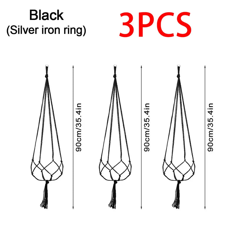 Macrame Hanging Plant Basket with Hook – Boho Planter Net Hanging Plant Basket Babs 3pcs Black