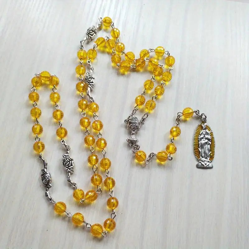 Orange Clear Rosary Bead Cross Necklace – Unisex Y-Shape Rosary Bead Necklace Babs