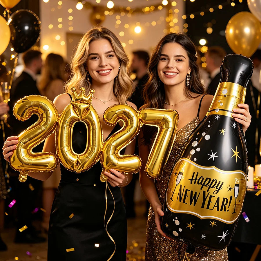 2027 New Year Foil Balloon Set – Bottle & Crown Party Decor Foil Party Balloons Babs