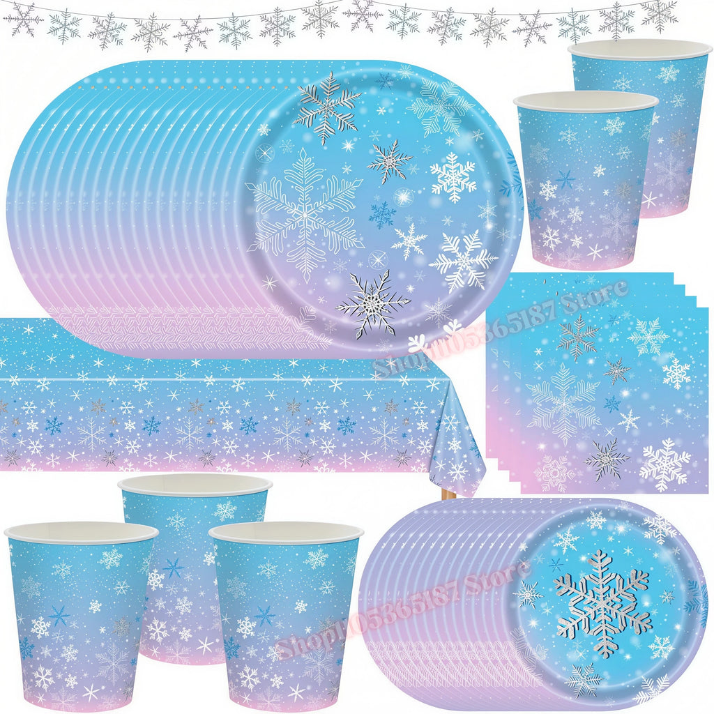 Snowflake Party Supplies – Cups, Plates, Napkins & Tablecloth Party Tableware Set Babs