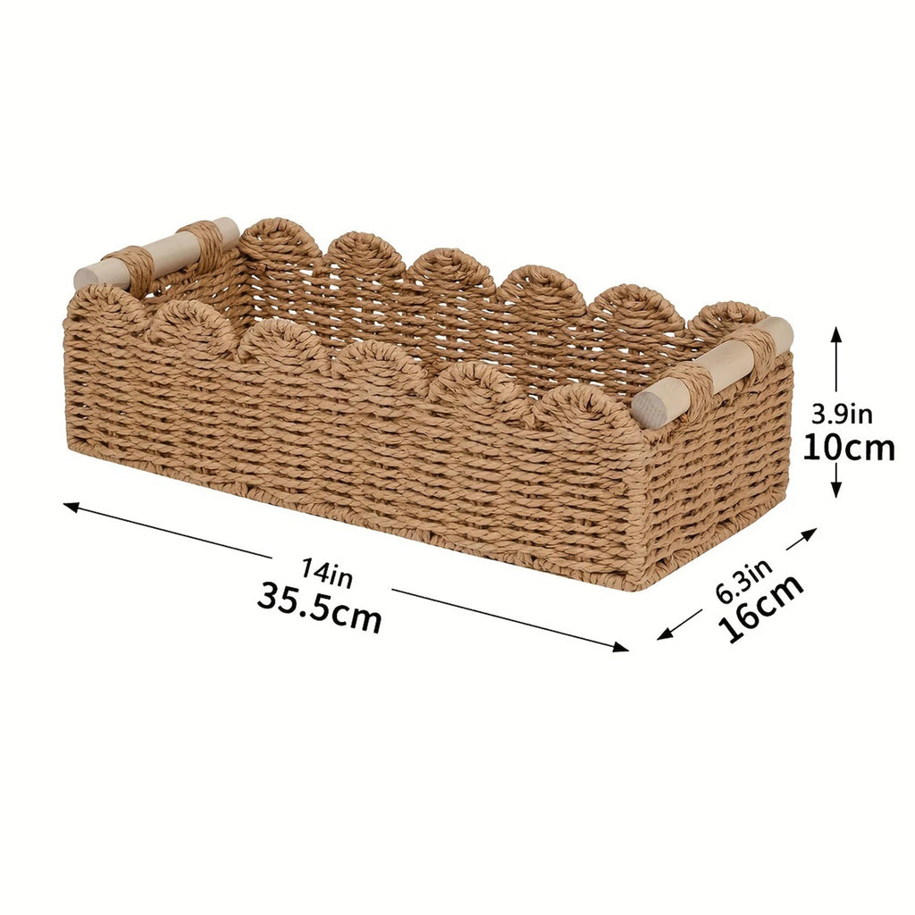Scalloped Paper Rope Storage Basket with Wooden Handles Woven Storage Basket Babs