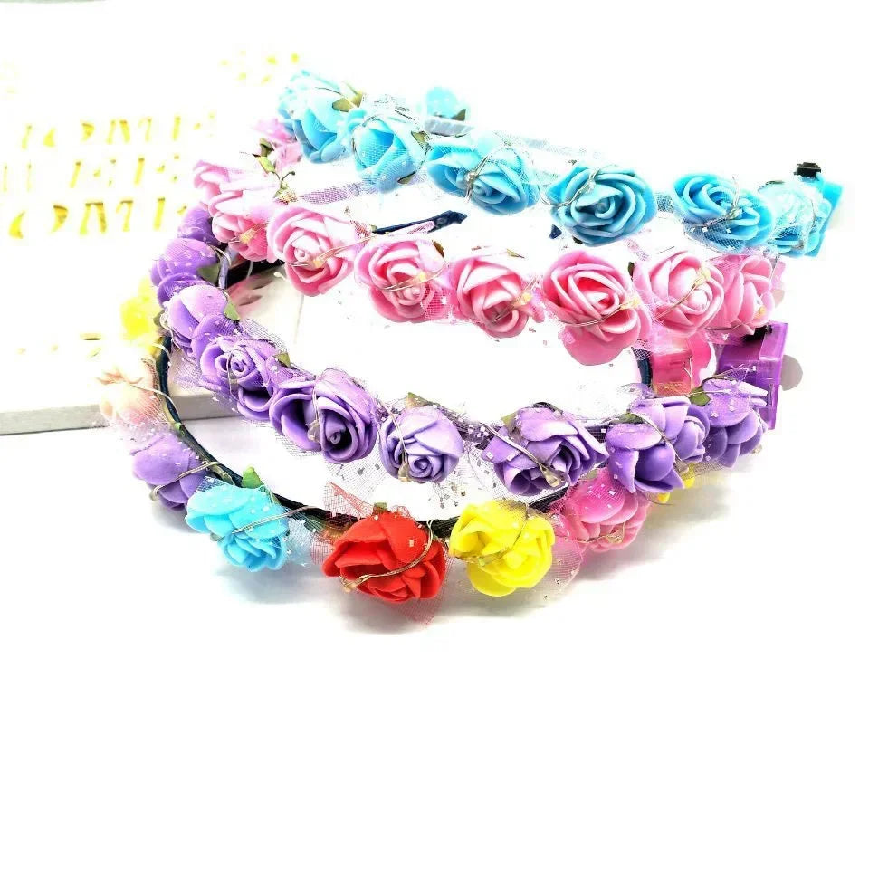 10pc LED Light Up Flower Wreath Headbands – Glow Party Pack LED Party Headband Babs