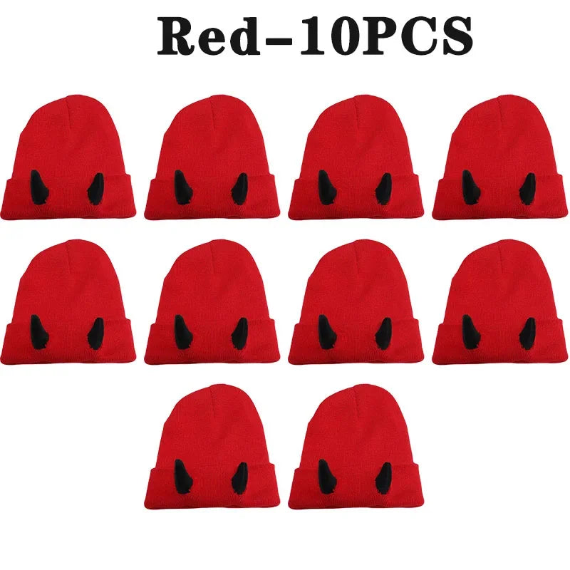 Devil Horn Knit Beanie Hat – Funny Costume Cap for Teens & Adults Novelty Knit Beanie Babs Red-10PCS