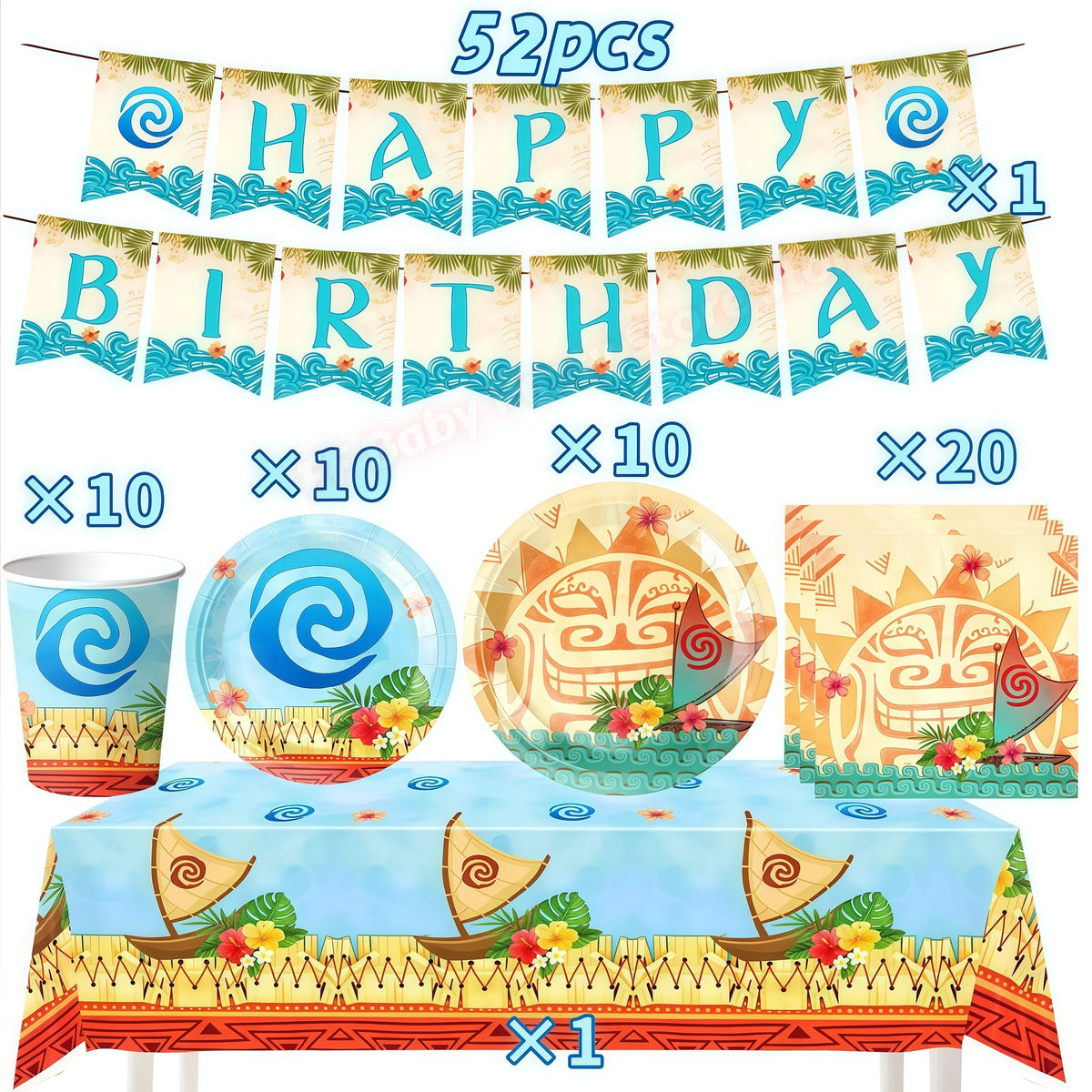 Ocean Theme Birthday Party Kit – Plates, Cups & Balloons Party Tableware Kit Babs 52pcs