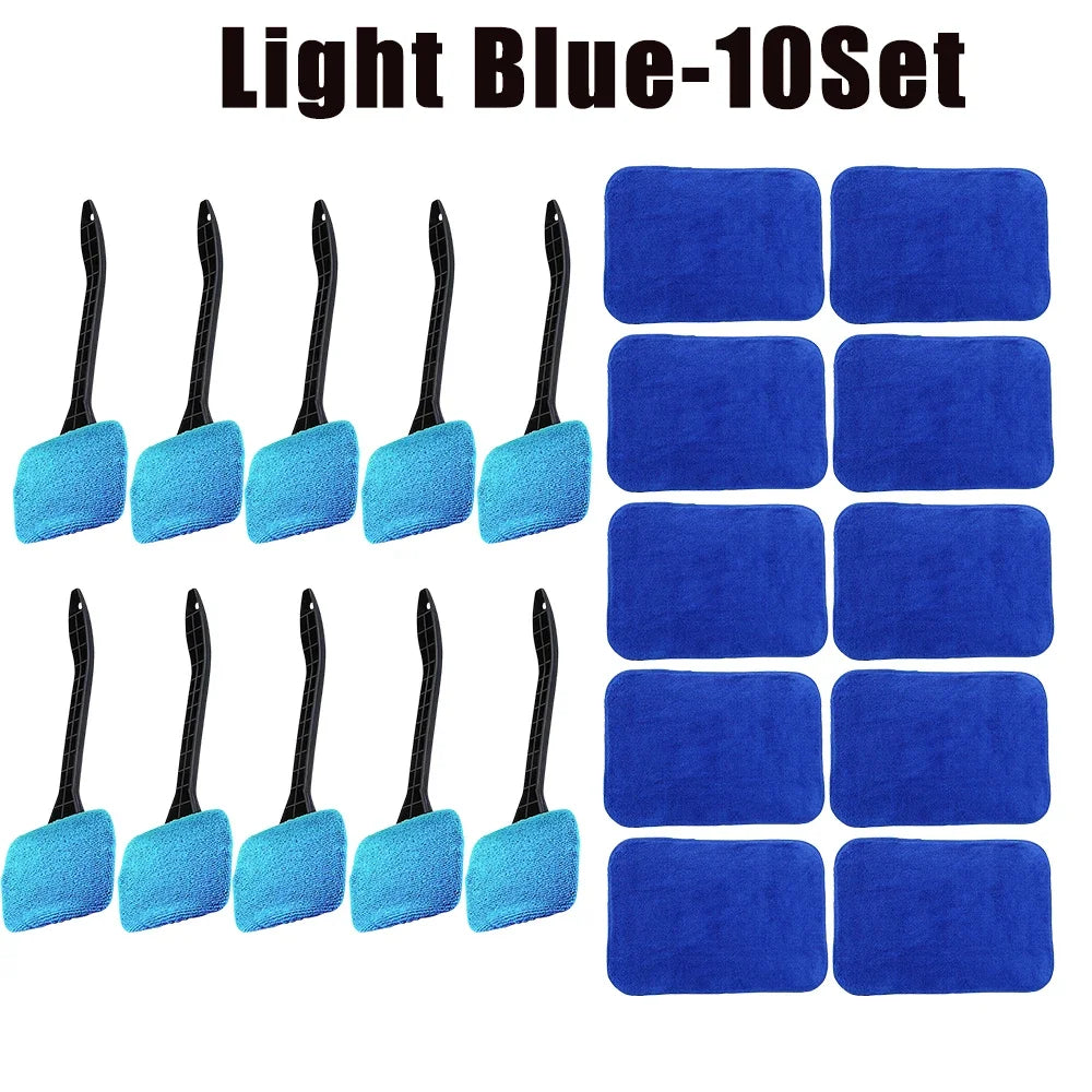 Car Window Cleaner Brush Kit – Long Handle Microfiber Wiper Car Cleaning Brush Babs Light Blue-10Set