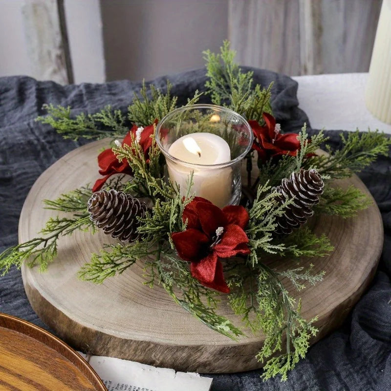 Christmas Floral Wreath Candle Holder | Holiday Centerpiece Wreath Candle Holder Babs