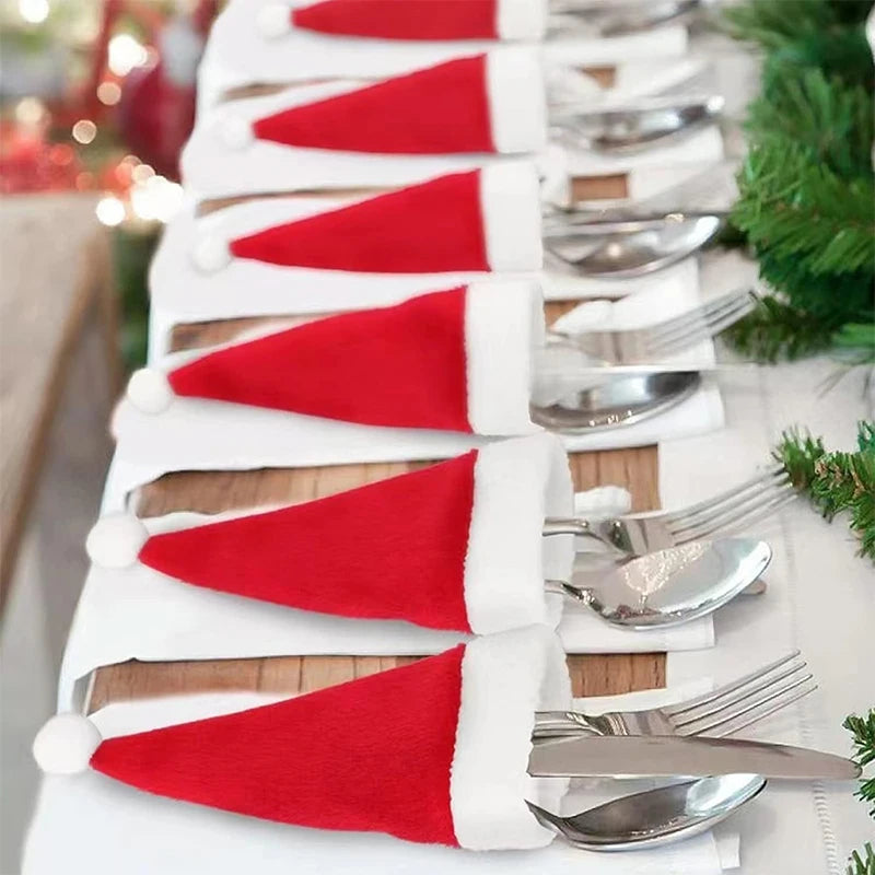 Christmas Santa Hat Cutlery Holder Bags – 10/20/50 Pcs Holiday Tableware Holder Babs