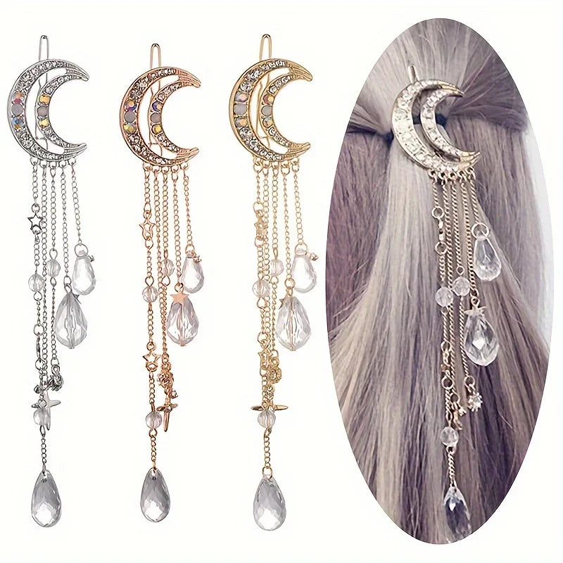 Moon Crescent Crystal Fringe Hairpin – Women's Hair Barrette Crystal Hair Barrette Babs