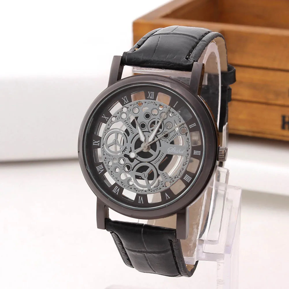 Men's Skeleton Quartz Watch | Leather Strap, Roman Numeral Dial Men's Quartz Watch Babs