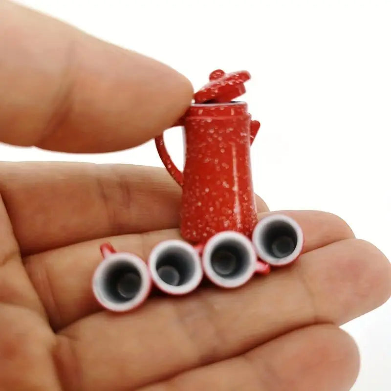 5-Piece Miniature Tea Set – Red Ceramic Kettle & Cups Decor Miniature Collectible Set Babs