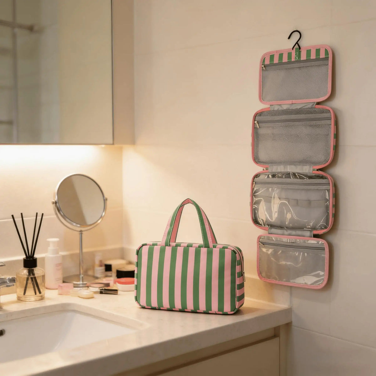 Striped Unisex Travel Toiletry Bag – Large Capacity with Hook Travel Toiletry Bag Babs