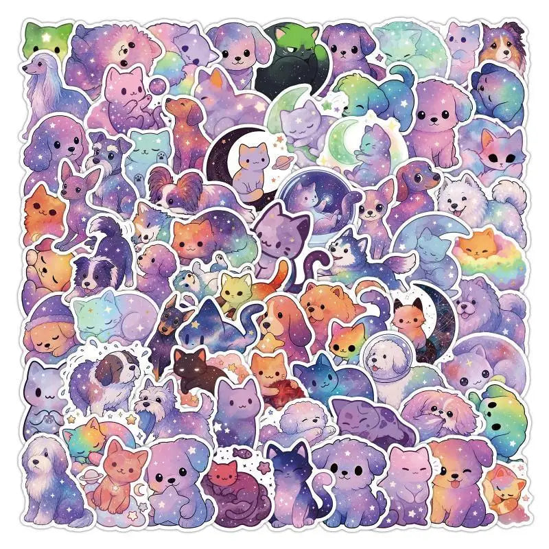 50/100-Pack Waterproof Cat & Dog Starry Night Doodle Stickers Decorative Stickers Babs