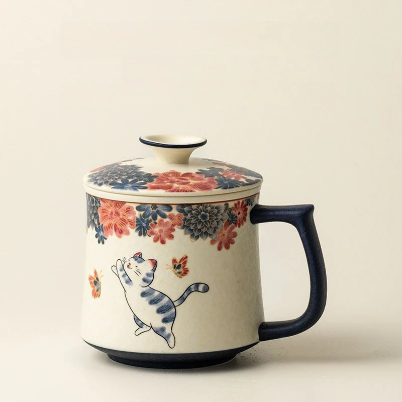 Cat Pattern Ceramic Mug with Lid | Chinese Style Teacup Ceramic Tea Mug Babs 301-400ml A