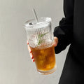 Striped Glass Cup with Lid & Straw – 600ml Transparent Drinkware Glass Drinkware Babs 1Pc 501-600ml