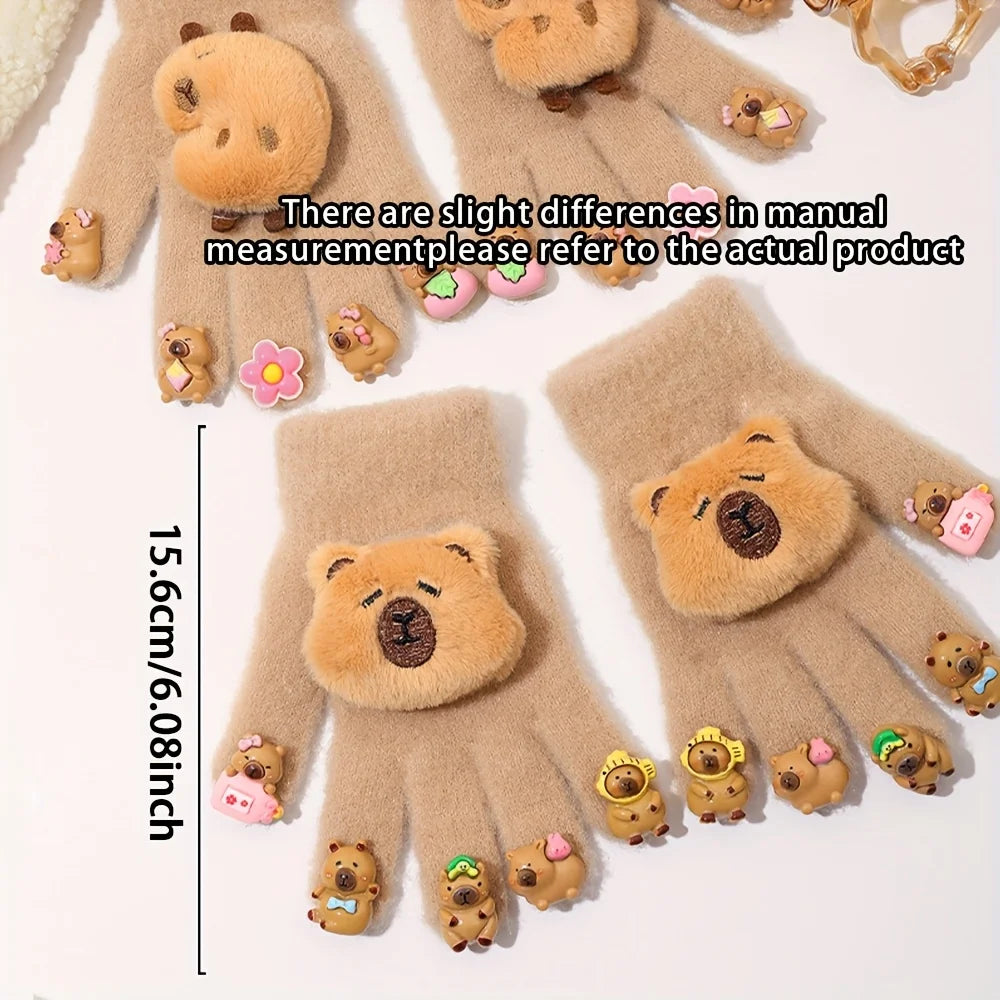 Cute Capybara Plush Knit Winter Gloves for Women Winter Knit Gloves Babs