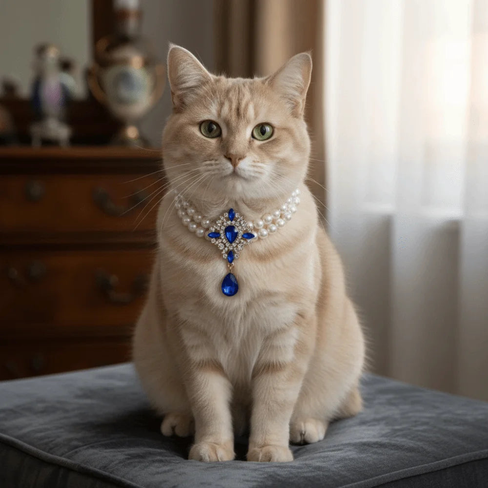 Double Layer Pearl Crystal Cat Necklace – Adjustable Collar Pet Collar Necklace Babs