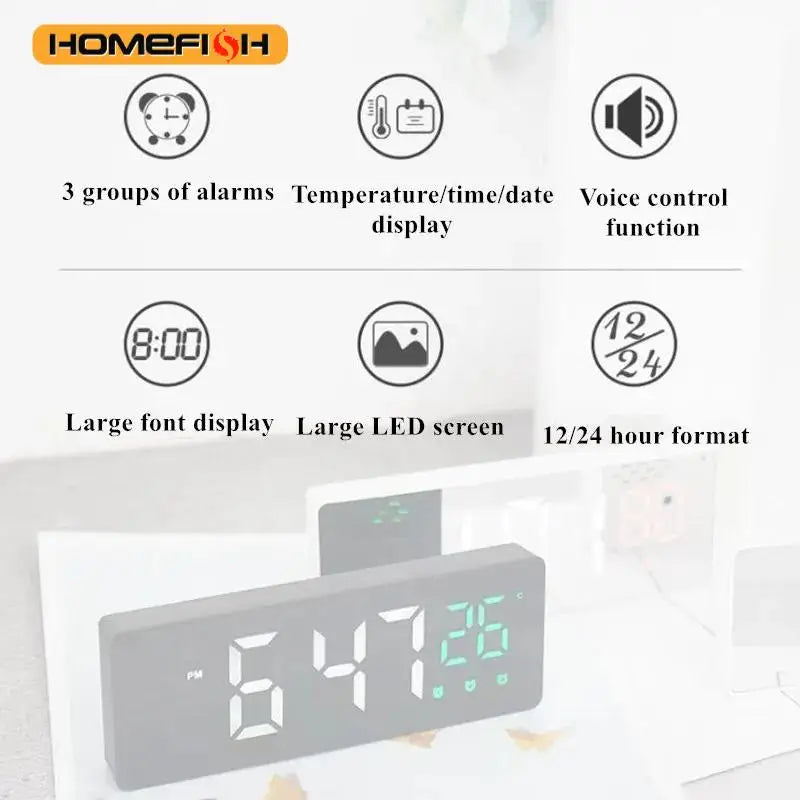 Voice Control LED Mirror Alarm Clock – 3 Alarms & Temp Display LED Alarm Clock Babs