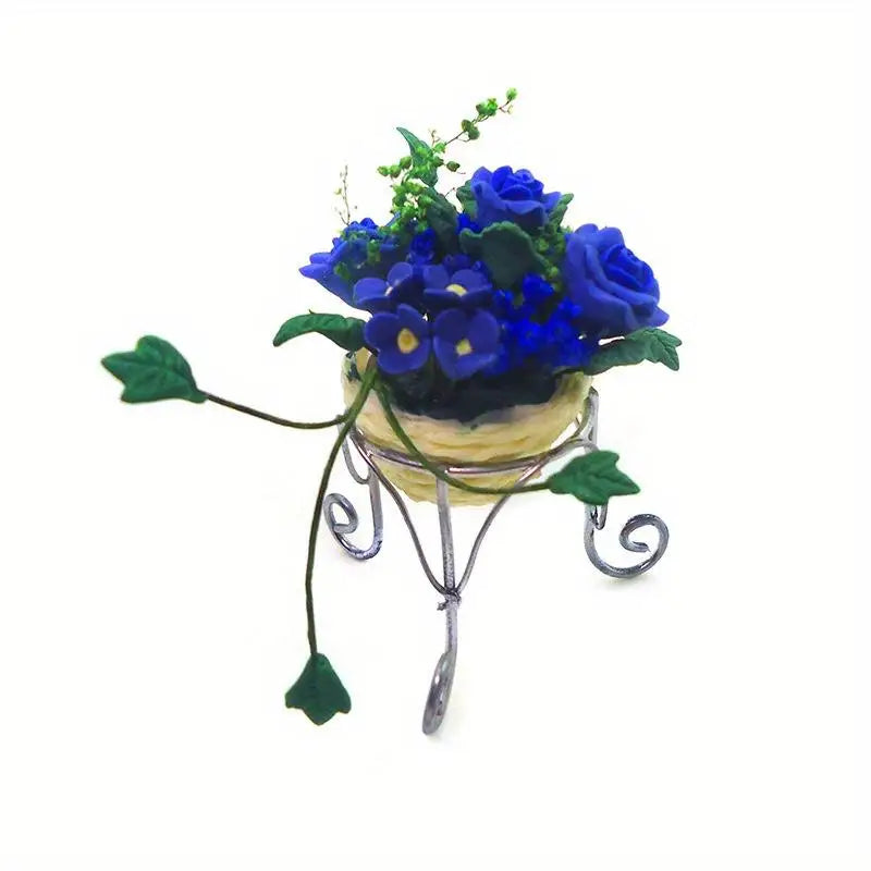 1:12 Miniature Clay Rose Potted Bonsai with Iron Fence Dollhouse Dollhouse Miniature Ornament Babs