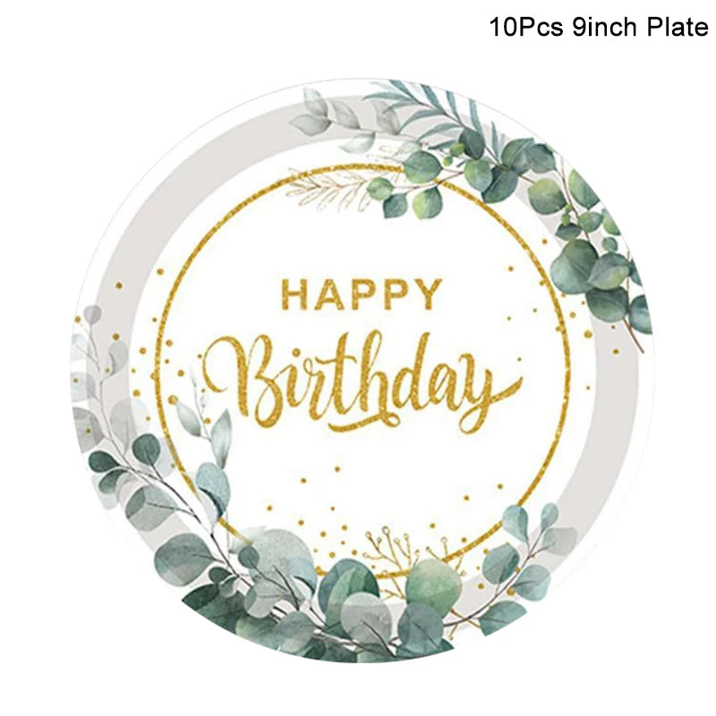 Eucalyptus Birthday Disposable Tableware Set – Plates, Cups & Napkins Disposable Party Tableware Babs 10pcs 9inch plate