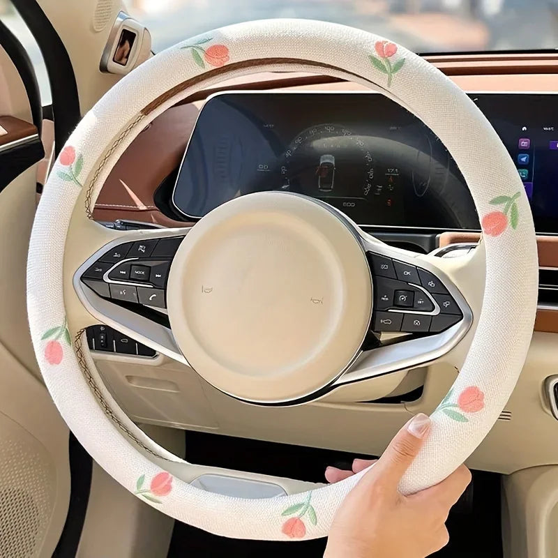 Embroidered Tulip Steering Wheel Cover – Anti-Slip, 38cm Steering Wheel Cover Babs