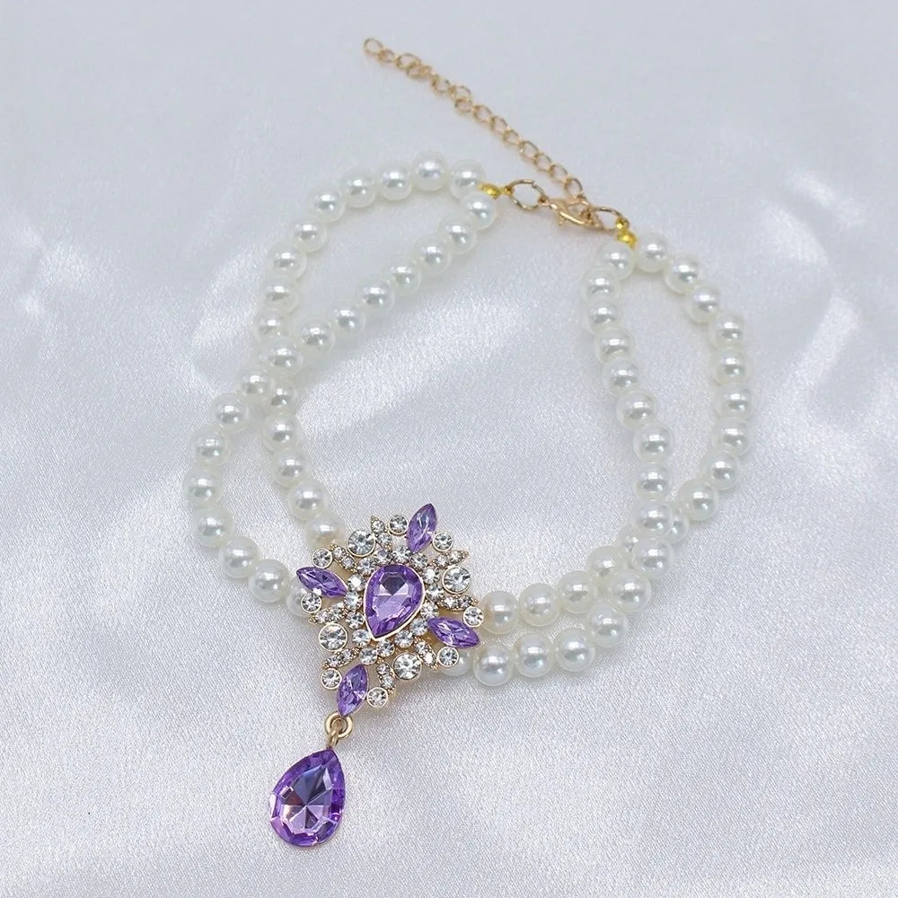 Double Layer Pearl Crystal Cat Necklace – Adjustable Collar Pet Collar Necklace Babs Purple S