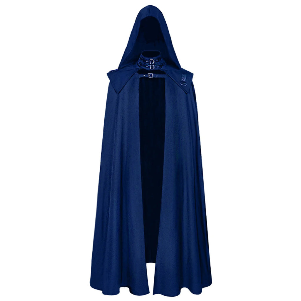 Medieval Hooded Cloak Men Gothic Cosplay Cape Buckled Maxi Coat Gothic Cosplay Cape Babs Blue M