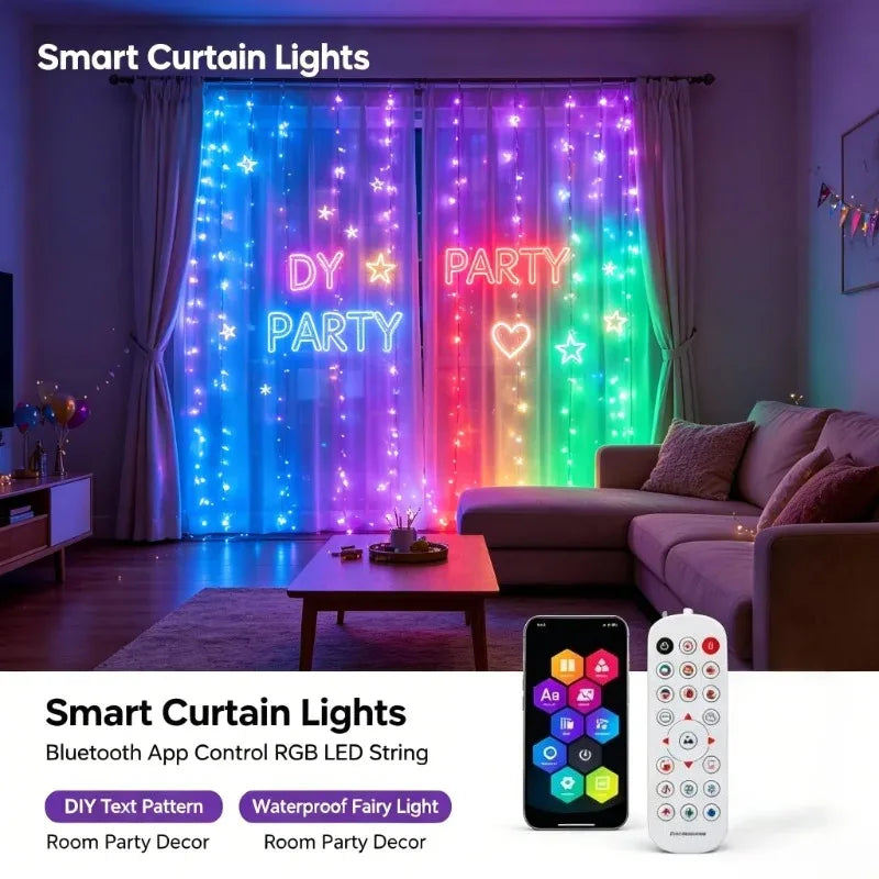RGB Smart Curtain LED Lights – Bluetooth App, USB, DIY Colors LED Curtain String Lights Babs