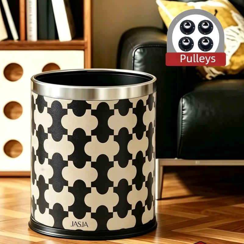Retro PU Leather Trash Can – 10L Luxury Round Waste Bin Decorative Waste Bin Babs Style E