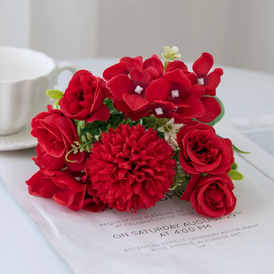 Silk Rose & Chrysanthemum Bouquet – Wedding & Home Décor Artificial Flower Bouquet Babs Red 1pcs