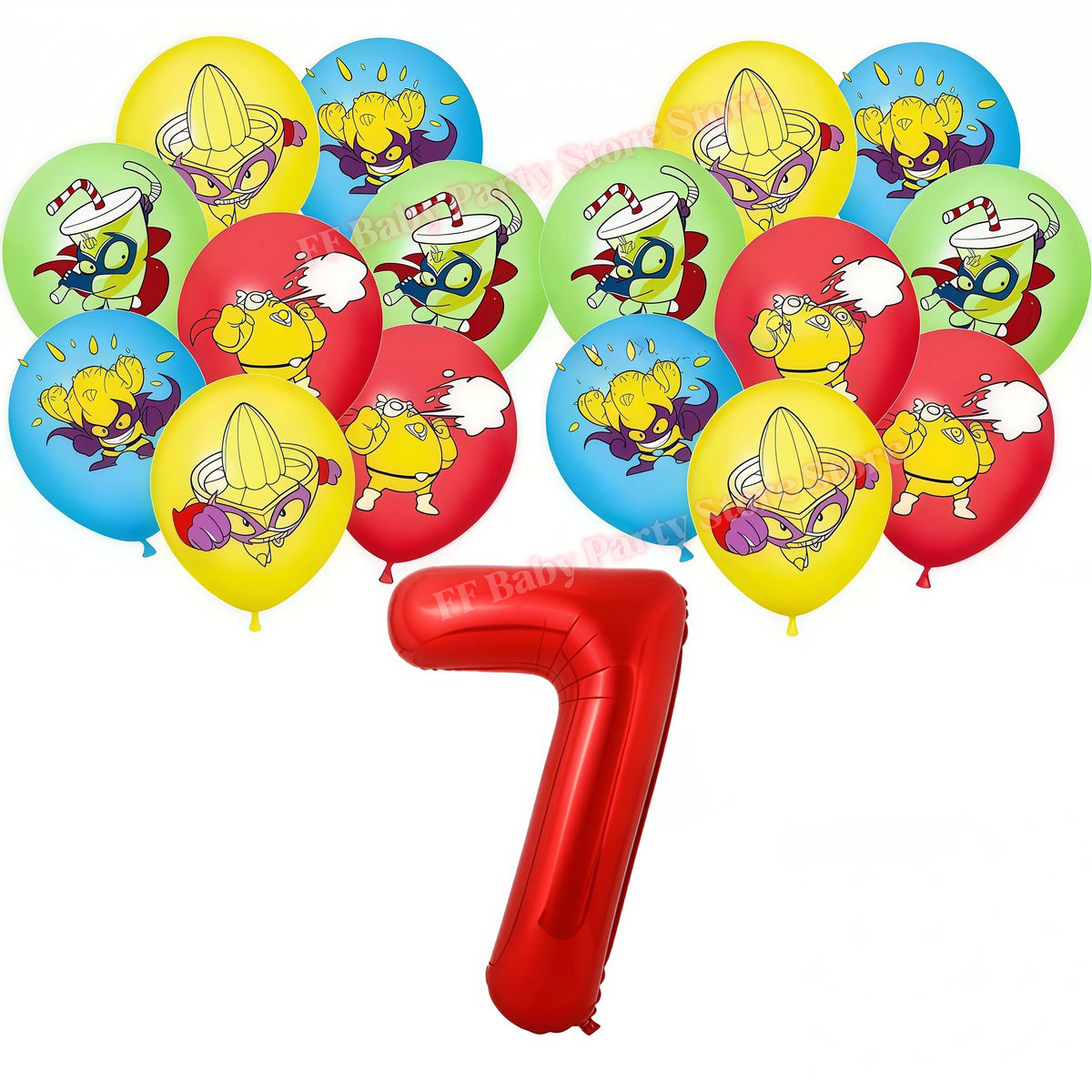 Superthings Party Balloons, Cake Toppers & Backdrop Set – 6pcs Party Decoration Set Babs 17pcs balloons-7 others