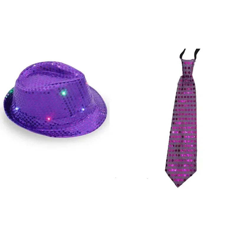 LED Light Up Sequin Jazz Hat & Tie Set | Party Costume LED Party Costume Set Babs light up purple Children size