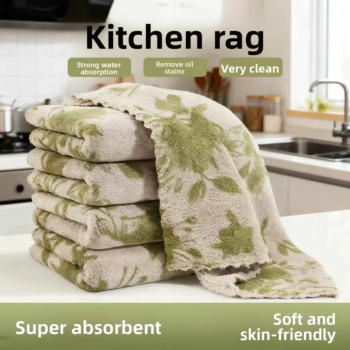 10-Pack Kitchen Dish Cloths – Coral Fabric, Green Rose Pattern Kitchen Cleaning Cloths Babs