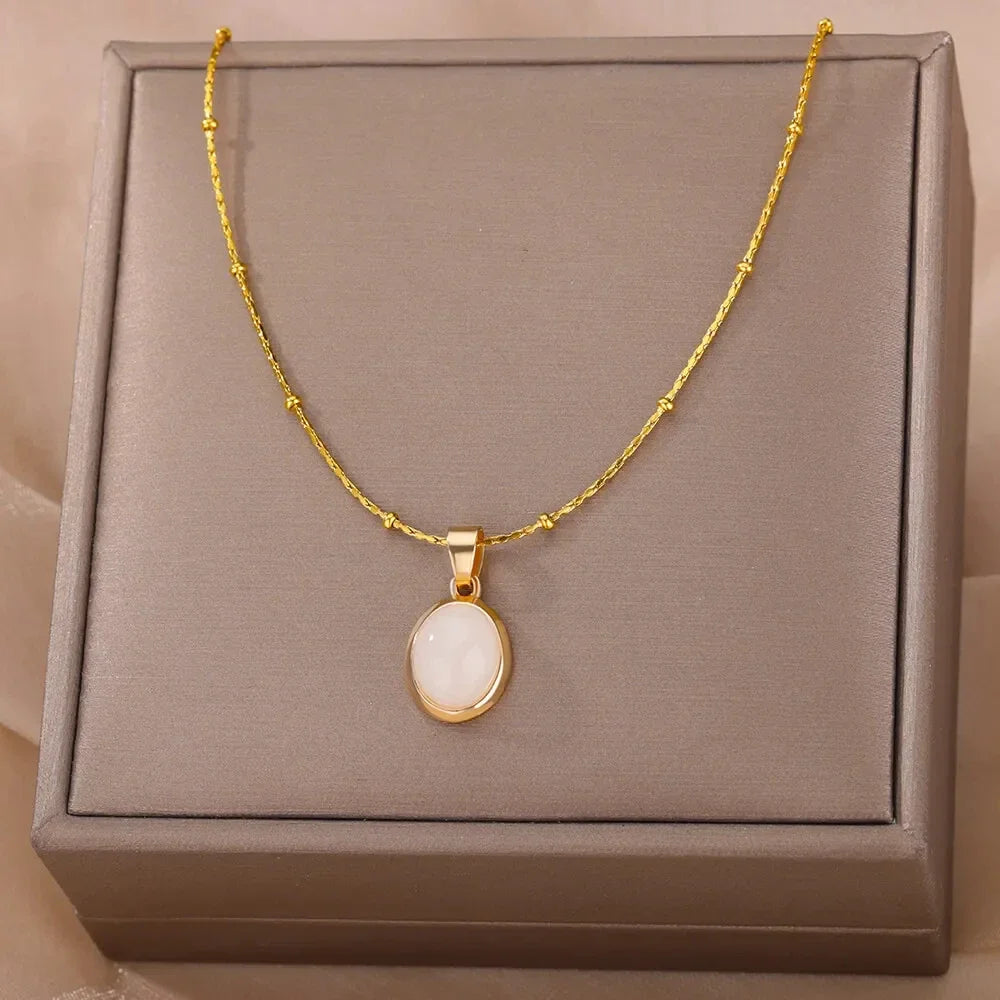 Opal Oval Pendant Necklace – Gold Stainless Steel for Women Pendant Necklace Babs N04669G-1 45cm