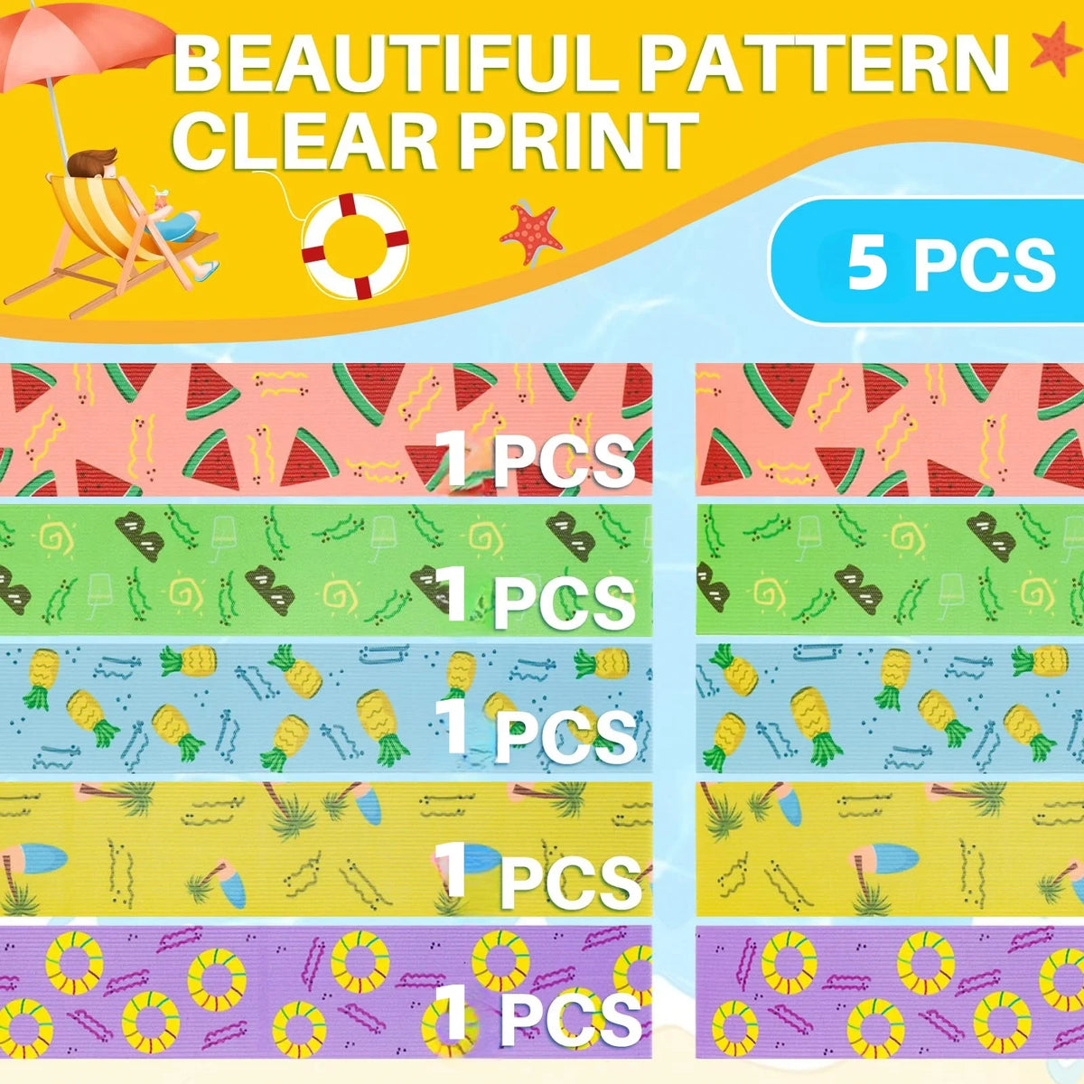 5-Pack Elastic Beach Towel Bands – Fruit Print Chair Straps Beach Towel Bands Babs MULTI